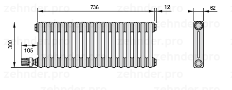 Схема (чертеж) Радиатор Zehnder Charleston 2030/16 №V003 Белый глянцевый RAL 9016